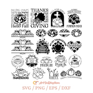 May include: A selection of black and white designs with a Thanksgiving and Autumn theme. The designs feature pumpkins, turkeys, and phrases such as "Happy Thanksgiving," "Hello Fall," and "Pumpkin Patch." Ideal for craft projects.
