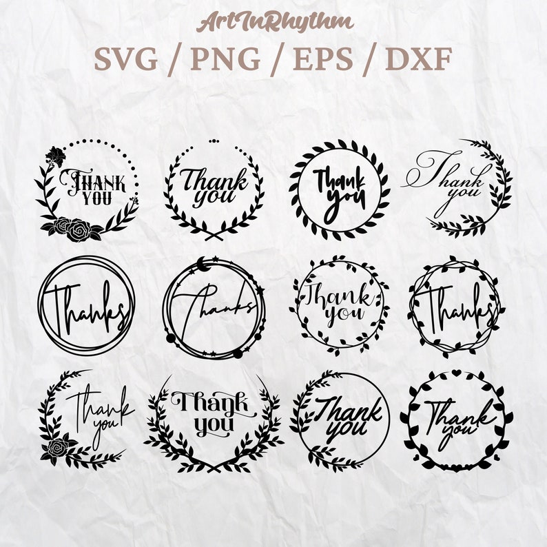 May include: Twelve black and white thank you wreath designs. The wreaths are made of leaves and flowers. The text inside the wreaths says "Thank you" or "Thanks".