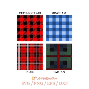 May include: Four different plaid patterns: buffalo plaid in red and black, gingham in blue and white, plaid in red, white, and black, and tartan in red, green, and black.