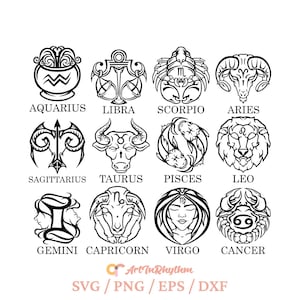 Symboles des signes du zodiaque, lot de logos des signes du zodiaque, illustration du signe du zodiaque, silhouette du signe du zodiaque, emblème du cercle du signe du zodiaque, 12 signes du zodiaque