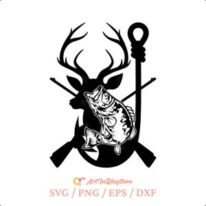 May include: Black and white graphic of a deer silhouette with antlers, a fish, a fishing hook, and crossed rifles. The fish is detailed with scales and fins. The design is suitable for hunting or fishing-themed products.