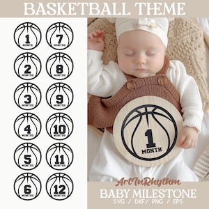 Basketbal baby maand mijlpaal, maandelijkse mijlpaalmarkering, baby mijlpaal schijven svg, baby acryl mijlpaal svg, babyshower cadeau svg