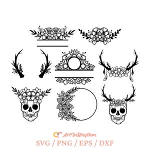 Floral Split Monogram Rahmen svg, Blumen Zuckerschädel svg, Blumengeweih svg, Blumengeweih svg, Kranz-Bundle svg, Nachname svg, Monogramm