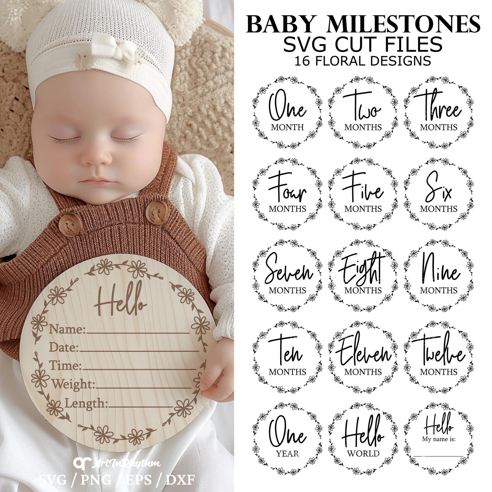 Baby Milestones Svg, Floral Monthly Milestones Svg, Milestone Discs Svg ...