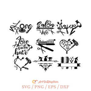 May include: Black and white illustrations of salon-themed designs. The designs include text such as "Love is in the hair", "Salon Life", and "Salon Squad".