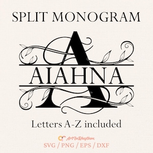 May include: Black and white split monogram design featuring the letter "A" with the name "AIAHNA" in the center. The design includes decorative flourishes and the text "Letters A-Z included".