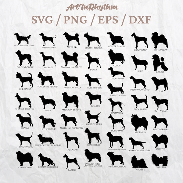 Dog Breed Silhouette Pack, Dog Breeds Svg, Dog Svg Bundle, Dog Silhouettes Svg, Dog Cliparts, Dog Svg Files, Dog Cut Files, Animals Svg