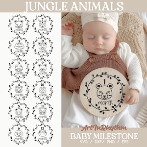 Jalon du mois pour bébé animaux de la jungle, marqueur d'étape mensuelle, disques svg jalon bébé, jalon acrylique bébé, svg cadeau baby shower