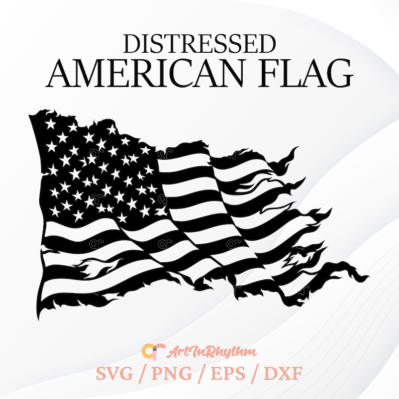 May include: Distressed American flag design in black and white. The flag is tattered and torn, with a distressed look. The design is perfect for patriotic crafts and projects.
