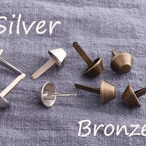 May include: Silver and bronze cone-shaped metal studs with a pointed end. The studs are arranged in two groups, labeled "Silver" and "Bronze".