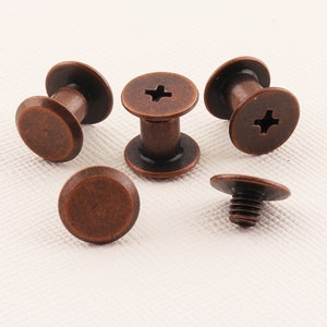May include: Five antique copper-colored screw-in fasteners with a flat head and a cross-shaped slot. The fasteners are arranged on a white surface.