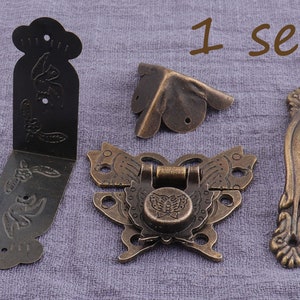 1 set Mixed Vintage  boxes hardware,cabinet hardware,chest hardware,25mm 45mm protective corners,50mm Jewelry Box latch，86mm pulls handles