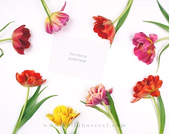 Download Free Styled Mockup • Social Media Mood Lifestyle Image • Artistic Spring Collection • A6 Card & Tulips • Buy 2 get 1 for free! PSD Template