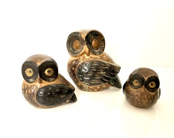 Trio of Mid Century Japanese Stoneware Pottery Owl Figurines