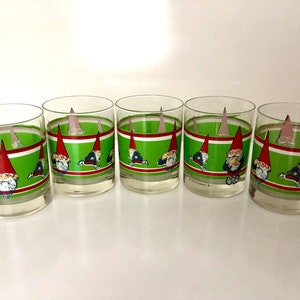 Rare Set of 5 Vintage 1978 Uniboek BV David the Gnome Tomte Lowball Glasses