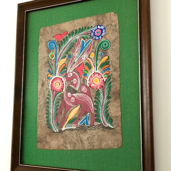 Colorful Framed Vintage Amate Bark Paper Mexican Folk Art Deer Painting