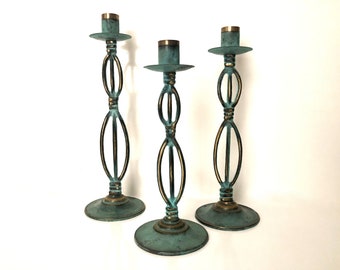 Vintage Graduated Trio of Verdigris Brass Candlesticks