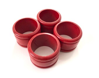 Set of 4 Vintage Red Scandinavian Turned Wood Napkin Rings