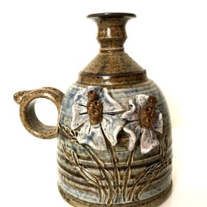 Vintage Stoneware Studio Pottery Thrown Jug Bud Vase with Wild Flower Motif