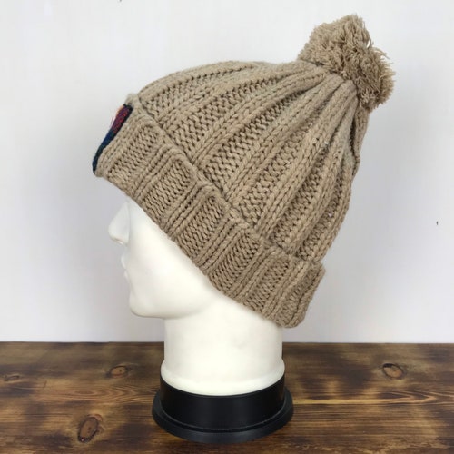 HARRIS TWEED Big store Logo Closshi Brown Pom Pom Beanie Hat