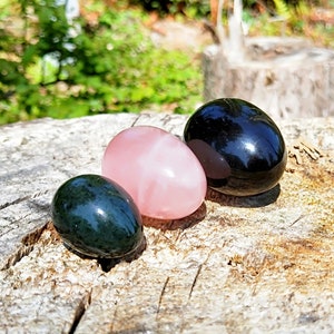 Most Wanted Jade Yoni Egg Set of 3-DRILLED or Undrilled Include Black Obsidian(L), Rose Quartz (M)and Jade(S), Certified