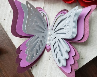 Paper Butterflies/3D SIlver and Purple set of 6 Butterflies/paper flower decor