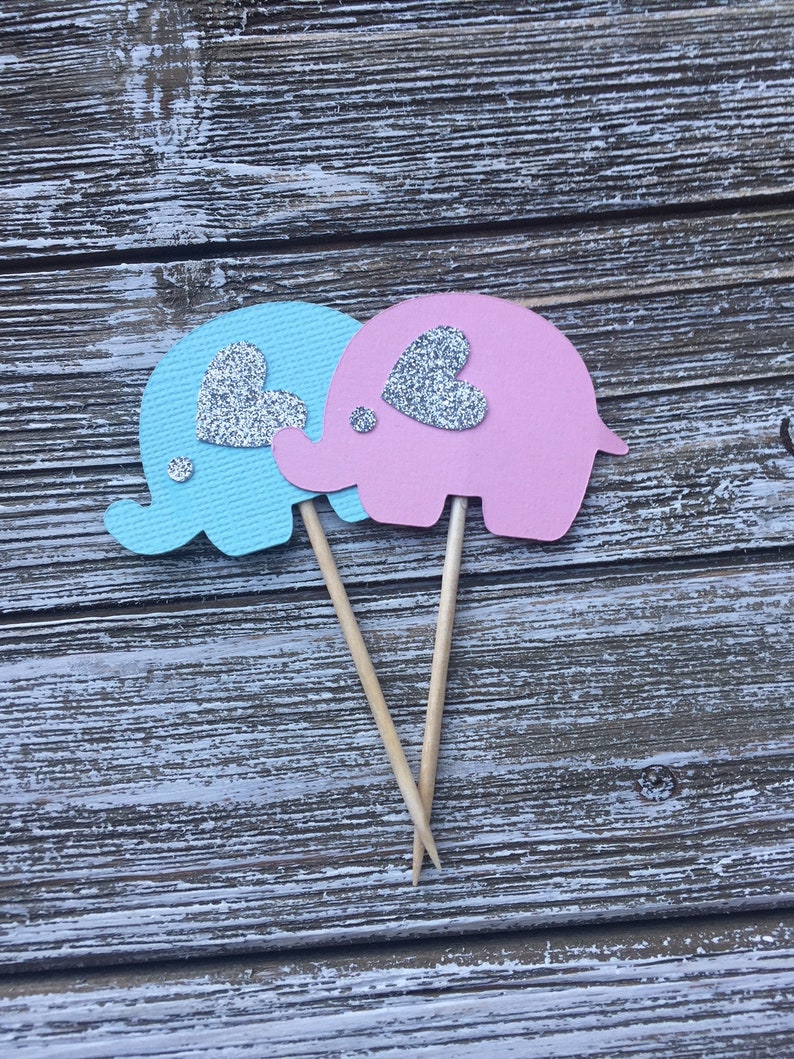 Gender Reveal Shower Cute Elephant Cupcake Topper Decoration- Fun Toppers Girl Baby Shower Boy Baby Shower