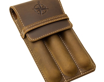 Vintage Leather 3-Slot Pen Pouch – Handcrafted Brown Pen Case, Leather Pen Sleeves for Fountain Pens – 3.4"×6"