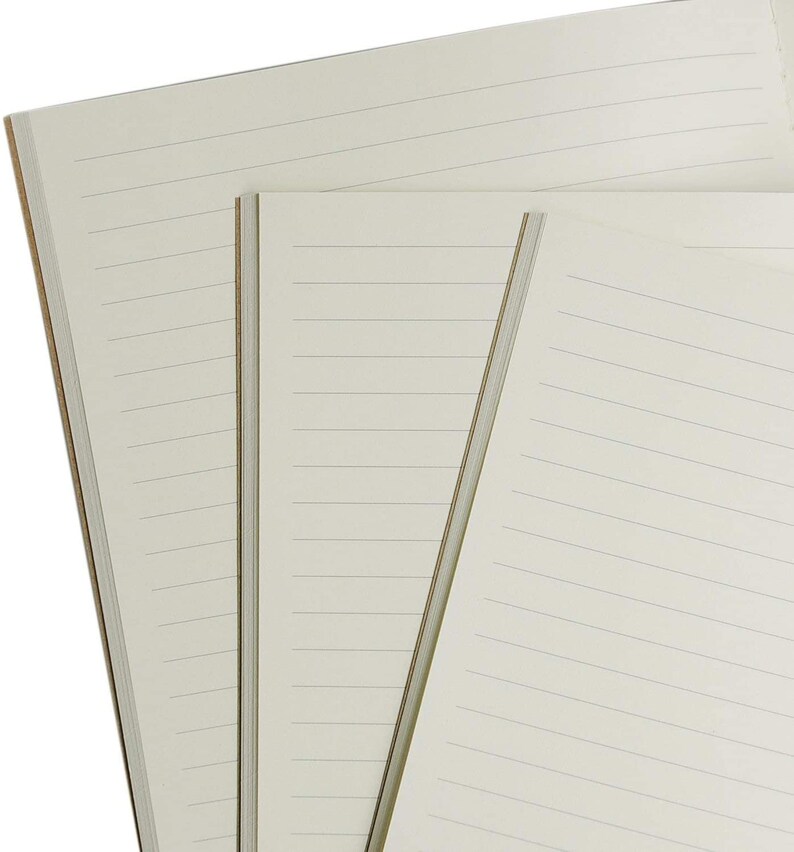 May include: Three lined notebooks stacked on top of each other. The notebooks are all white with thin, light gray lines.