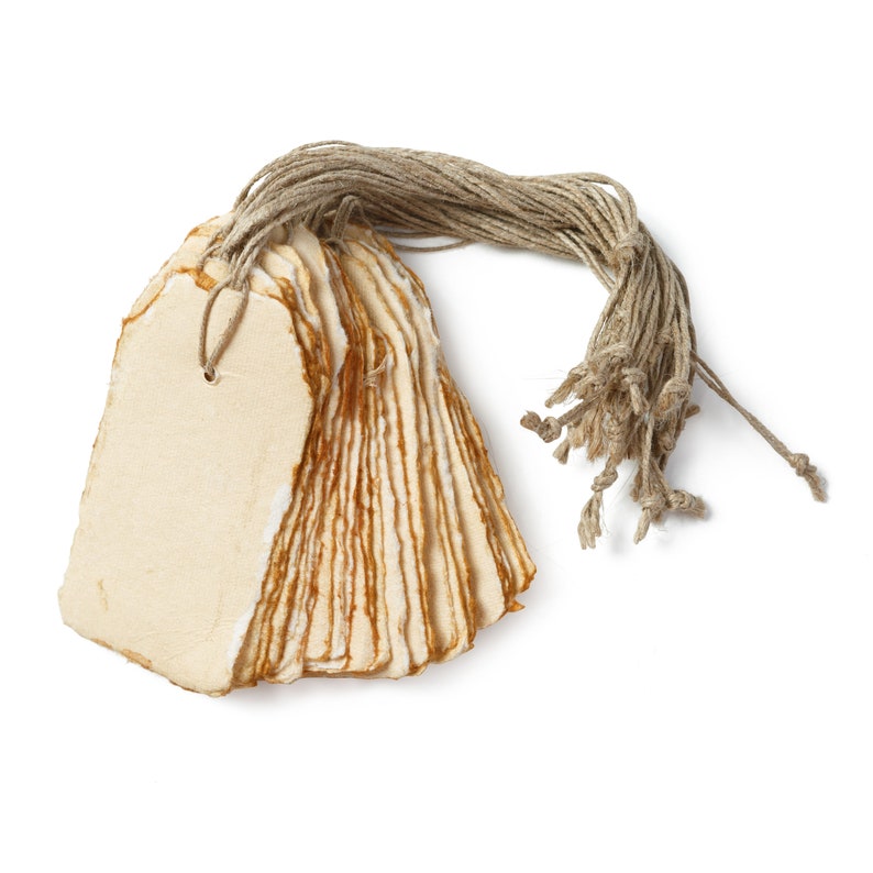 Handmade Paper Gift Tags with String - Vintage / White Deckle Edge - 25 Pack - Gift Wrap Tags, Price Tags - 150 GSM - 3.75 x 1.75” Vintage