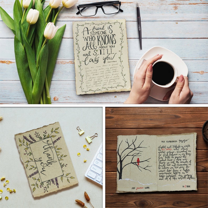 K&ouml;nnte beinhalten: Drei verschiedene handgemachte Karten mit handschriftlichem Text und Illustrationen. Die erste Karte ist hellbraun mit einem Zitat &uuml;ber Freundschaft. Die zweite Karte ist hellbraun mit dem Text "Danke" in einem schwarzen Rahmen. Die dritte Karte ist hellbraun mit einer schwarzen Silhouette eines Baumes mit einem roten Kardinal, der auf einem Ast sitzt. Der Text "RED CARDINAL Magic" steht auf der Karte.