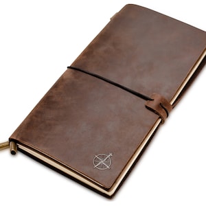 May include: A brown leather-bound journal with a compass design embossed on the front cover. The journal has a black elastic closure and brass hardware.
