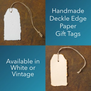 Handmade Paper Gift Tags with String - Vintage / White Deckle Edge - 25 Pack - Gift Wrap Tags, Price Tags - 150 GSM - 3.75 x 1.75” image 10