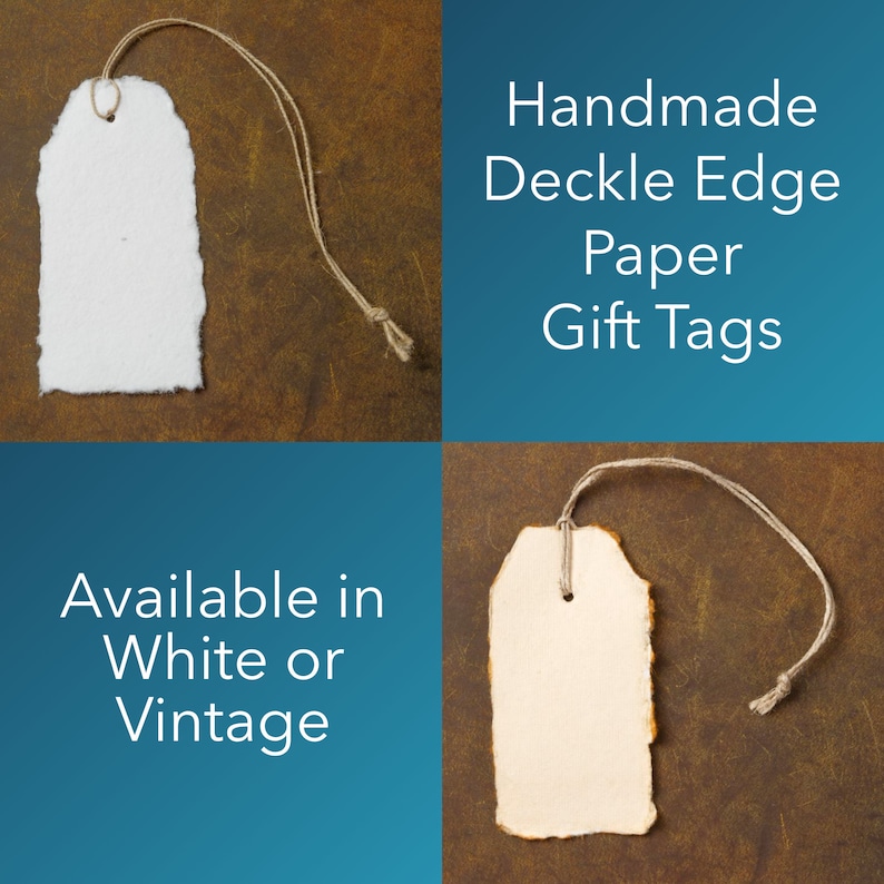 Handmade Paper Gift Tags with String - Vintage / White Deckle Edge - 25 Pack - Gift Wrap Tags, Price Tags - 150 GSM - 3.75 x 1.75” image 10