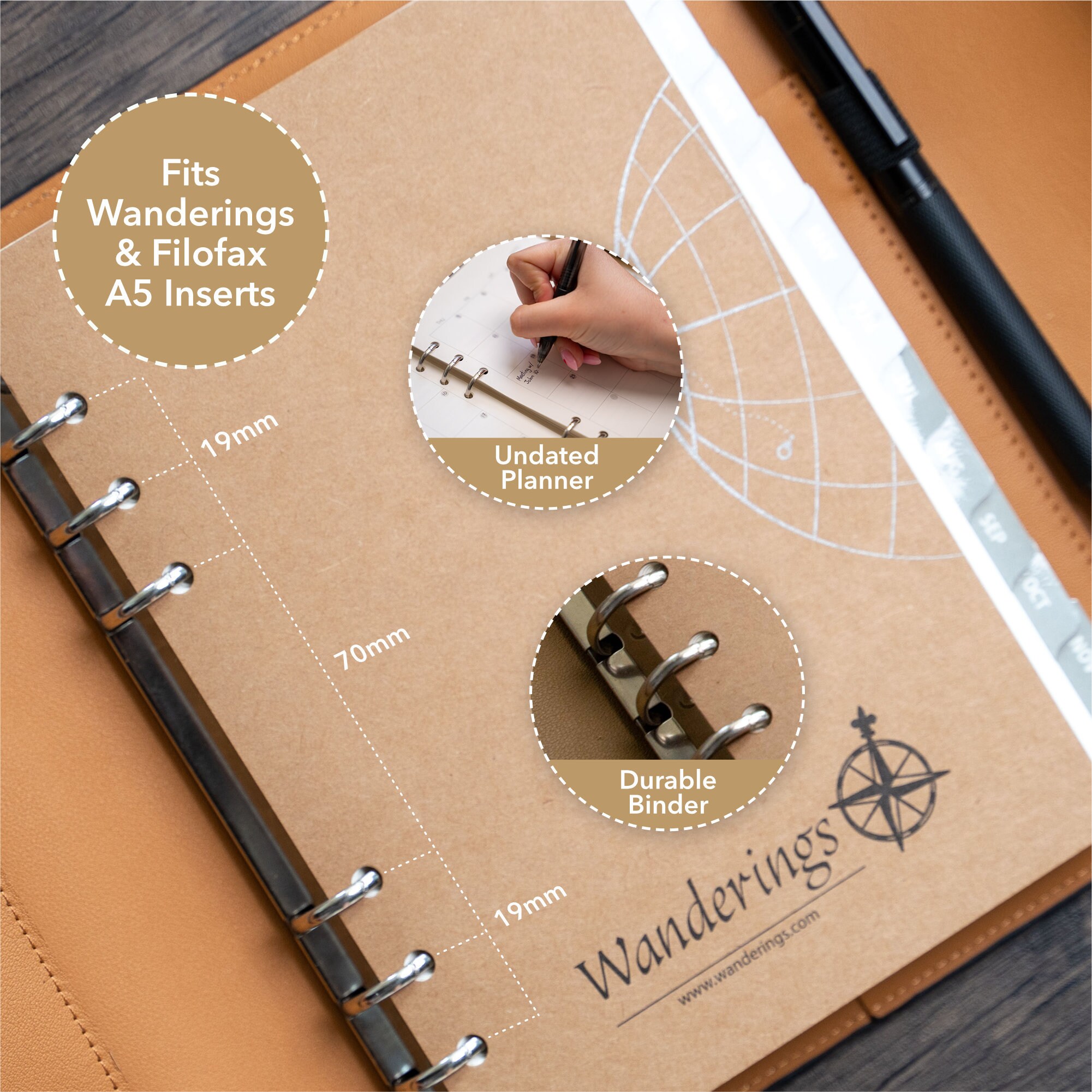 Wanderings A5 6-Ring Refillable Binder/Leather Planner – With Inner Pockets | Genuine Full-Grain Leather | 52 Week Undated Calendar | Compatible With Filofax – 7" X 9" / 18cm X 23cm - Caramel - View #4