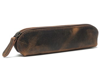 Vintage Leather Pencil Pouch Case – 7" Round – Hand Crafted Functional Brown Leather Zipper Pouch