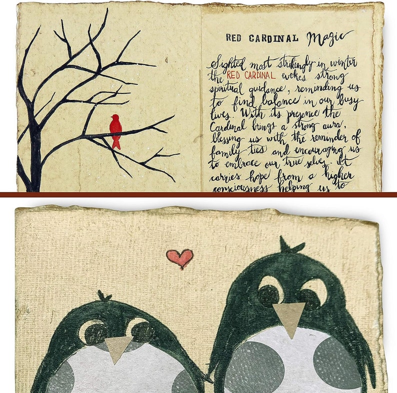 K&ouml;nnte beinhalten: Eine handgezeichnete Illustration eines roten Kardinals, der auf einem kahlen Ast sitzt. Der Hintergrund ist ein hellbraunes Papier mit handschriftlichem Text, der lautet: "RED CARDINAL Magic sighted most strikingly in winter the RED CARDINAL evokes strong spiritual guidance, reminding us to find balance in our busy lives. With its presence the Cardinal brings a strong aura, blessing us with the reminder of family ties and encouraging us to embrace our true selves. It carries hope from a higher conciousness helping us to"