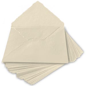 May include: A stack of cream-colored envelopes with a textured, handmade paper appearance. One envelope is open, revealing the interior. The edges of the envelopes have a rough, torn texture, adding a rustic charm to the stationery.
