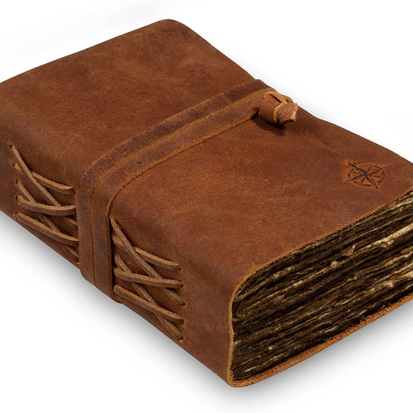 Journal vintage fait main en cuir avec reliure à l'ancienne et bordures décoratives à l'ancienne - 200 pages vierges non lignées