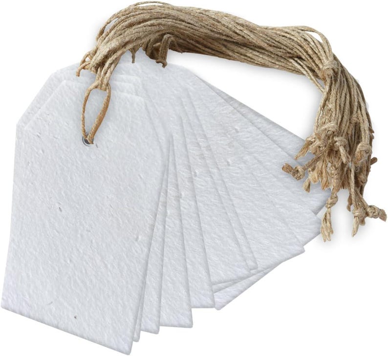 Handmade Paper Gift Tags with String - Vintage / White Deckle Edge - 25 Pack - Gift Wrap Tags, Price Tags - 150 GSM - 3.75 x 1.75” Seeds (Plantable)
