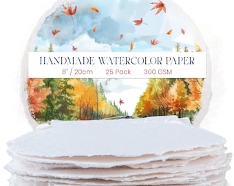 25 Loose Leaf Sheets of Thick Handmade Round Watercolor Paper with Deckle Edge - 300GSM -  6" or 8" Premium White Cold Press Textured Paper