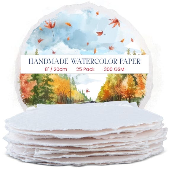 25 Loose Leaf Sheets of Thick Handmade Round Watercolor Paper with Deckle Edge - 300GSM -  6" or 8" Premium White Cold Press Textured Paper