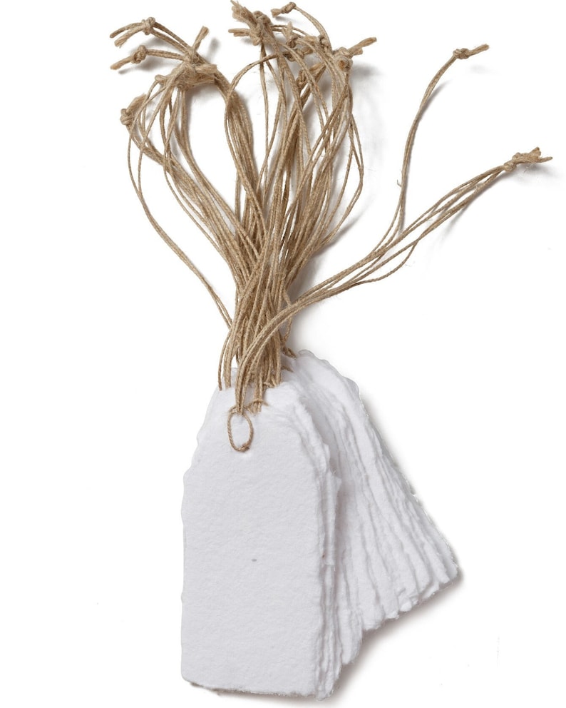 Handmade Paper Gift Tags with String - Vintage / White Deckle Edge - 25 Pack - Gift Wrap Tags, Price Tags - 150 GSM - 3.75 x 1.75” White Deckle