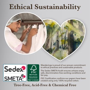 Puede incluir: Una pintura de acuarela en forma de coraz&oacute;n que representa una escena de bosque en tonos verdes y marrones. La imagen tambi&eacute;n incluye una foto de una persona sosteniendo una tela blanca y un logotipo Sedex SMETA y FSC Recycled. El texto "Ethical Sustainability" est&aacute; en la parte superior de la imagen. El texto "Tree-Free, Acid-Free & Chemical Free" est&aacute; en la parte inferior de la imagen.