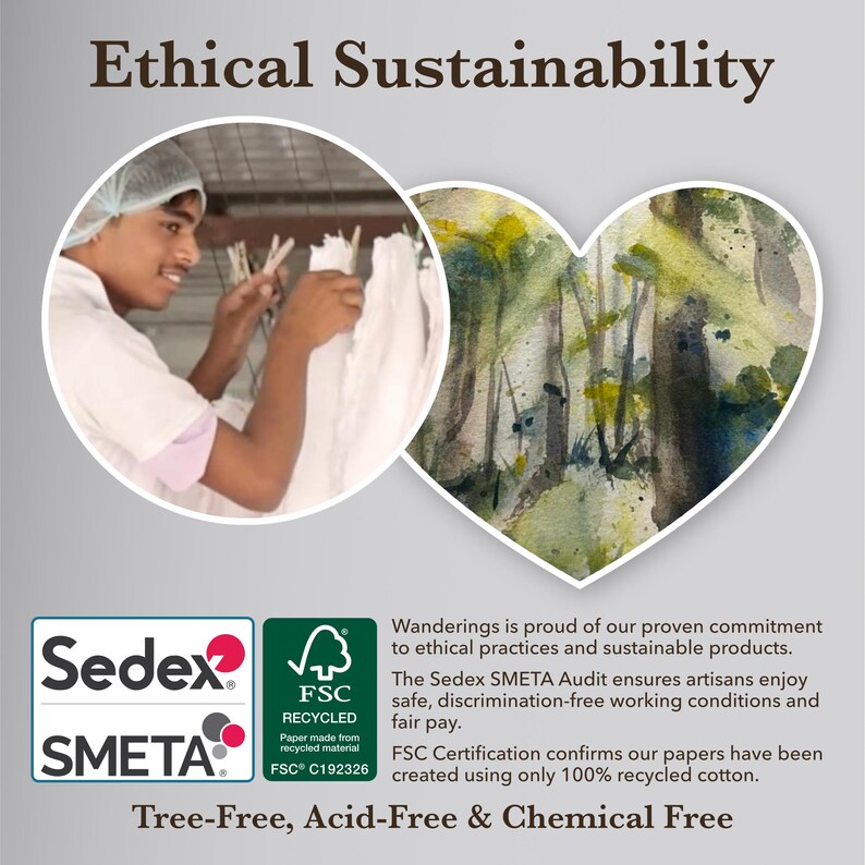 Puede incluir: Una pintura de acuarela en forma de coraz&oacute;n que representa una escena de bosque en tonos verdes y marrones. La imagen tambi&eacute;n incluye una foto de una persona sosteniendo una tela blanca y un logotipo Sedex SMETA y FSC Recycled. El texto "Ethical Sustainability" est&aacute; en la parte superior de la imagen. El texto "Tree-Free, Acid-Free & Chemical Free" est&aacute; en la parte inferior de la imagen.