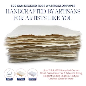 Papier aquarelle ultra-épais fait main, papier frisé, 500 g/m² - 15 feuilles - Ivoire/blanc texturé pressé à froid en coton recyclé