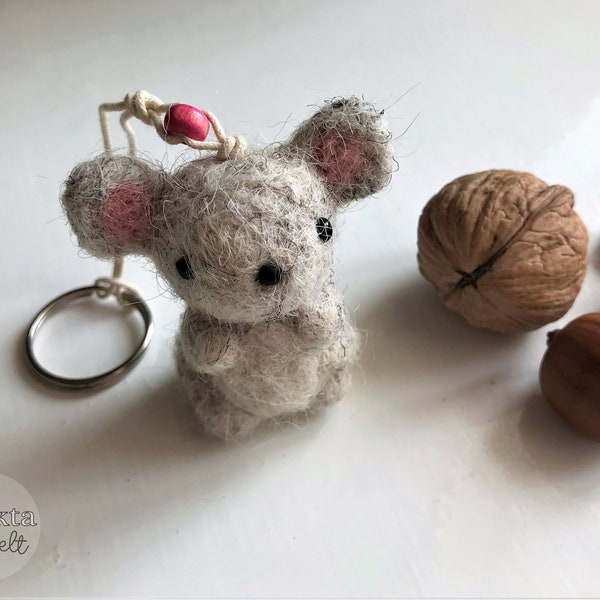 Souris grise miniature - Porte-clés feutré à l'aiguille, Ornement de souris mignon - Cadeau unique pour les amoureux des animaux