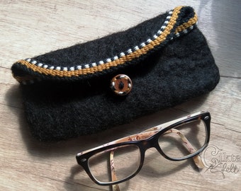 Felted little bag with hand woven decoration, Glasses case, Black wool pouch, Unique eyewear holder