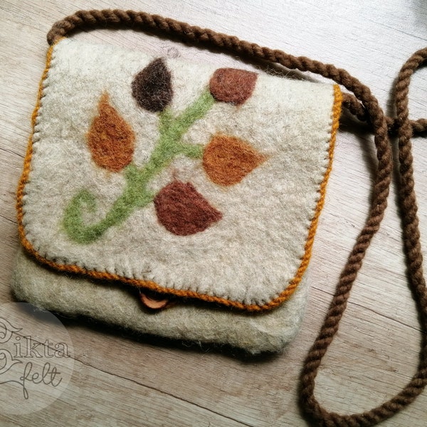 Petit sac feutré à la main, Porte-monnaie en feutre, Pochette en laine, Sac à bandoulière cousu main avec feuilles d’automne