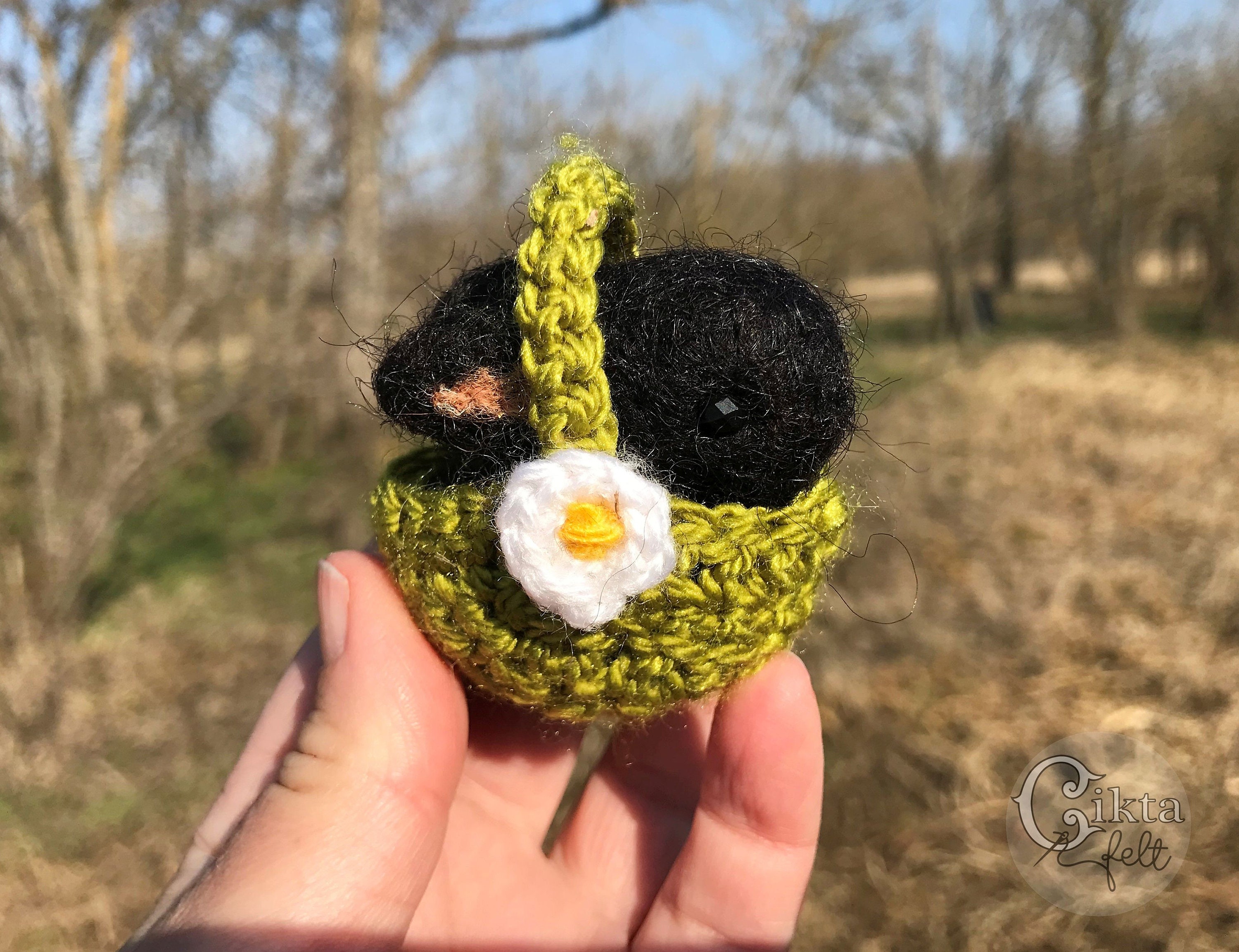 Tiny black easter bunny in crochet basket cute felted bunny gift for